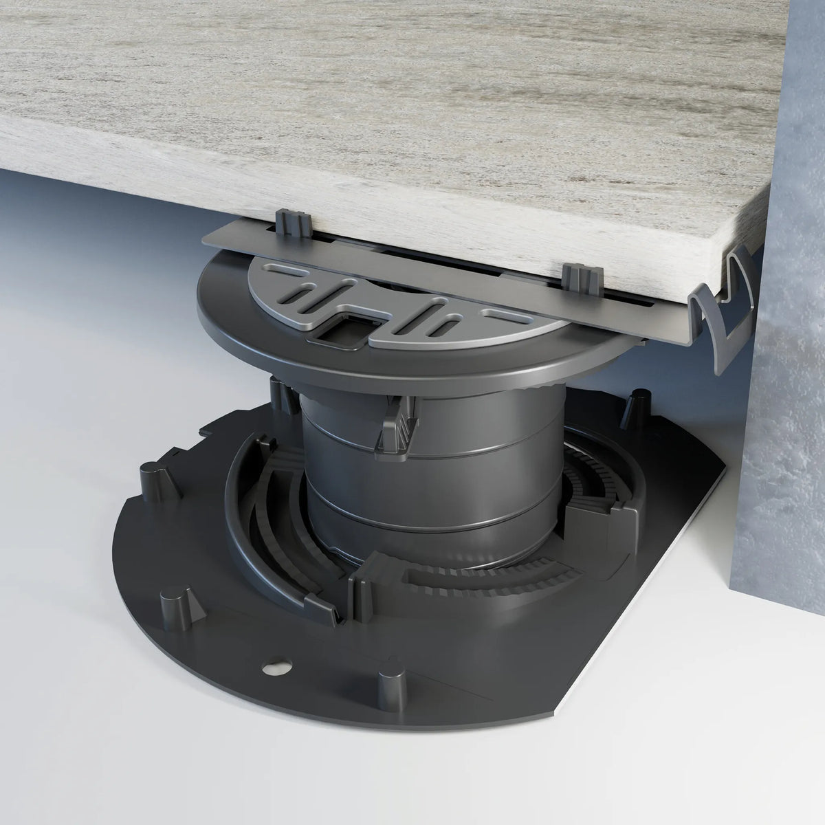 Lifestyle image of a stainless steel clip for pedestal wall connection