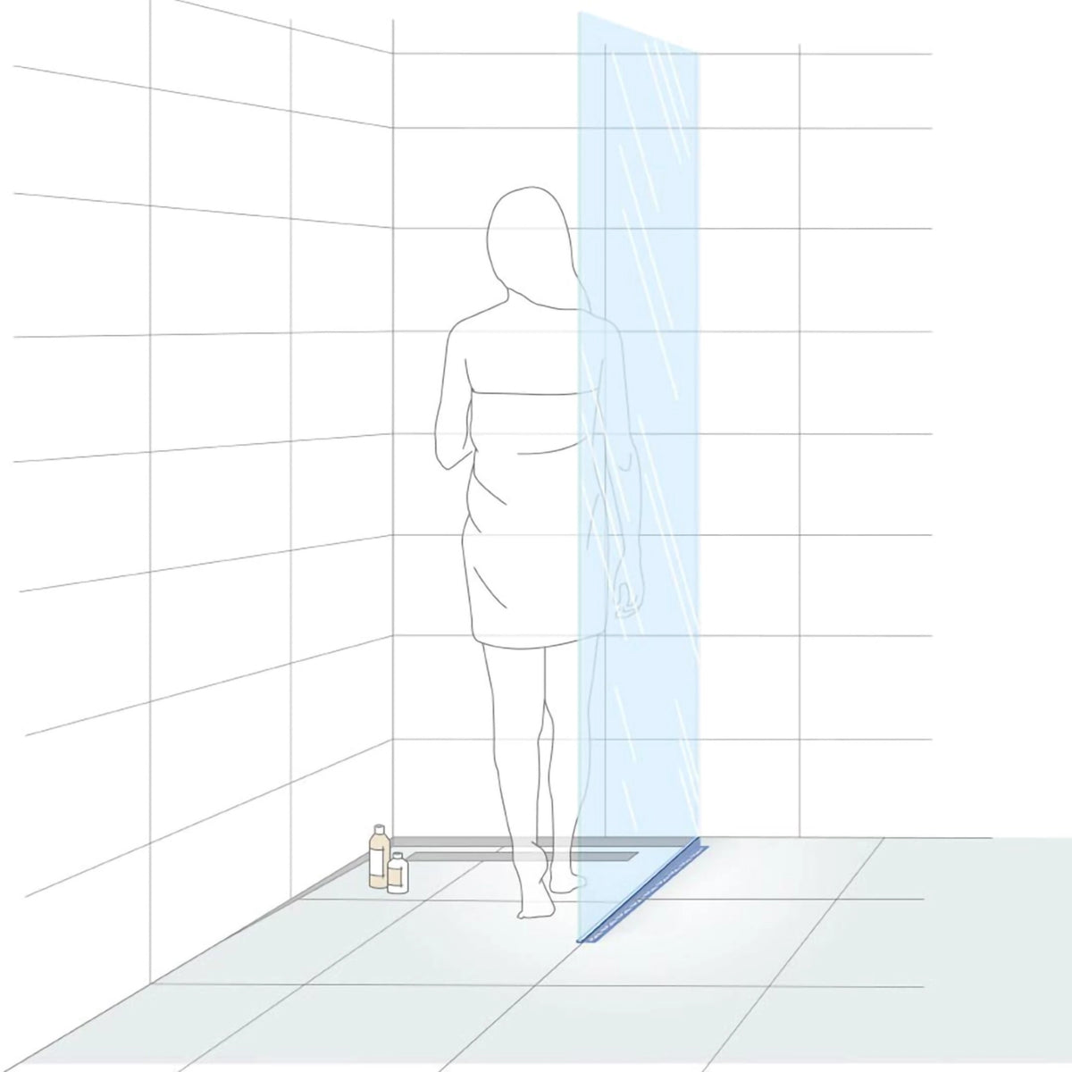 Illustration einer Frau in einer bodengleichen Dusche mit eingezeichnetem Gefällekeil zur Glasaufnahme für die rechte Seite
#A0002773
#A0002775
#A0002777
#A0002906