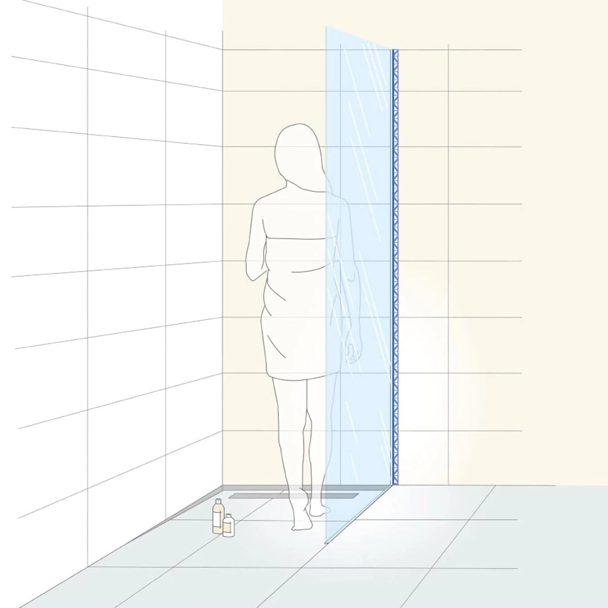 Illustration showing the marked DURAL U-profile for glass holder with a woman in the shower