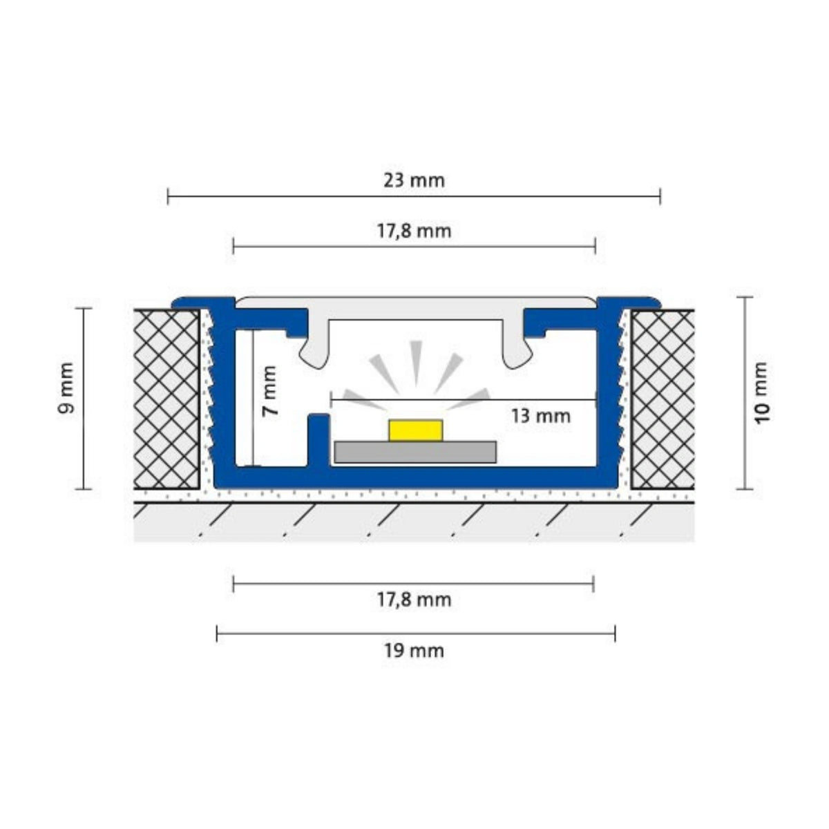 Bemaßte Zeichnung des LED Basisprofils 9mm