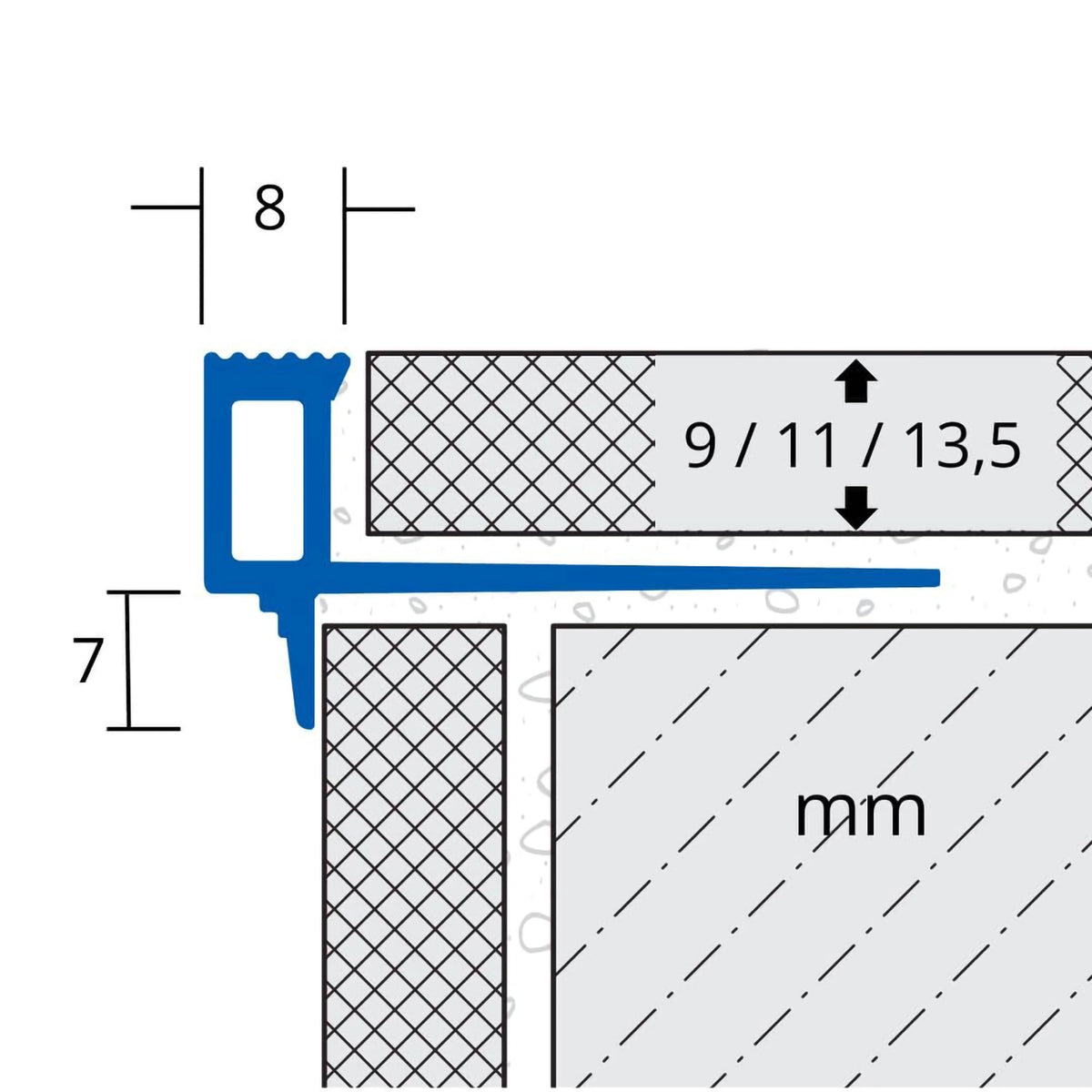 Bemaßte Zeichnung Stufenprofil Squarestep Aluminium mit geriffelter Oberfläche