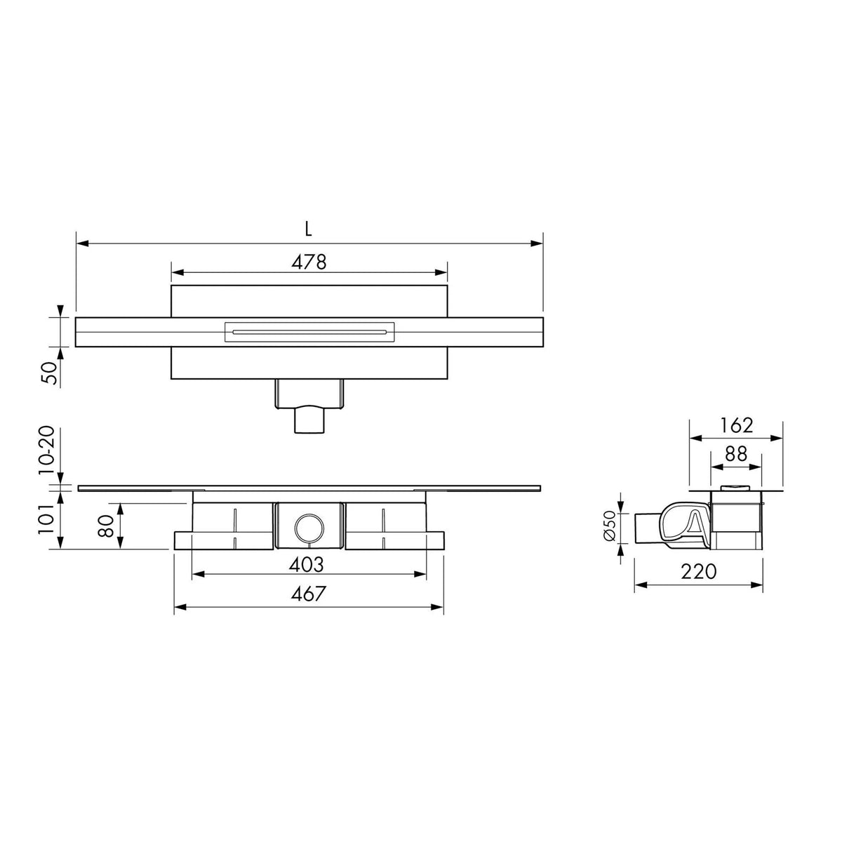 Bemaßte Zeichnung kürzbares Duschrinnen Komplettset mit 101mm Einbauhöhe
#A0005320
#A0005321
#A0005322
#A0005326
#A0005327
#A0005328
#A0005332
#A0005333
#A0005334