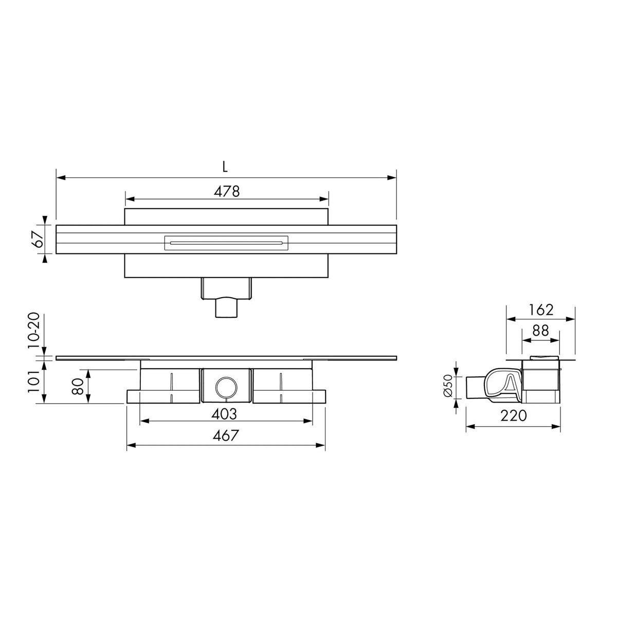 Dimensioned drawing adjustable shower drain complete set with 101mm installation height
#A0005338
#A0005339
#A0005340
#A0005344
#A0005345
#A0005346
#A0005350
#A0005351
#A0005352