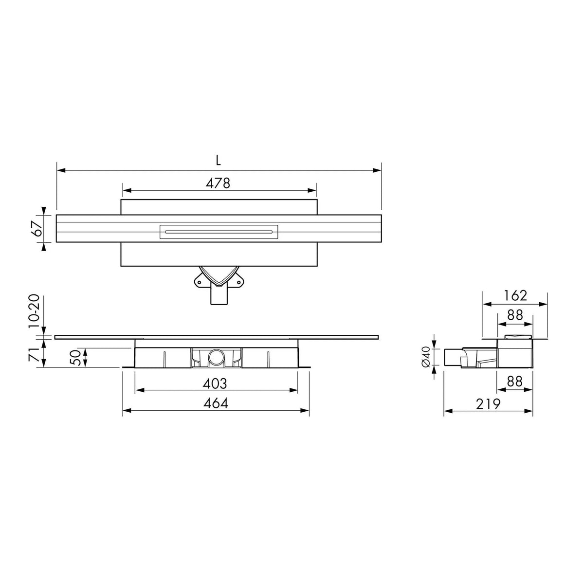 Dimensioned drawing adjustable shower drain complete set with 71mm installation height
#A0005335
#A0005336
#A0005337
#A0005341
#A0005342
#A0005343
#A0005347
#A0005348
#A0005349