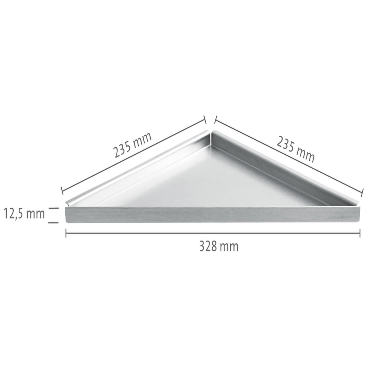 Dimensioned drawing of the retrofittable triangular stainless steel shelf with 328mm visible width #A0001471