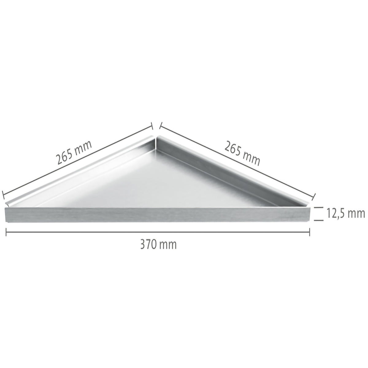 Dimensioned drawing of the retrofittable triangular stainless steel shelf with 370mm visible width #A0001472