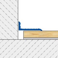 Tekening van het afsluitprofiel met zelfklevende achterkant en licht geribbeld oppervlak verwerkt voor een wand.