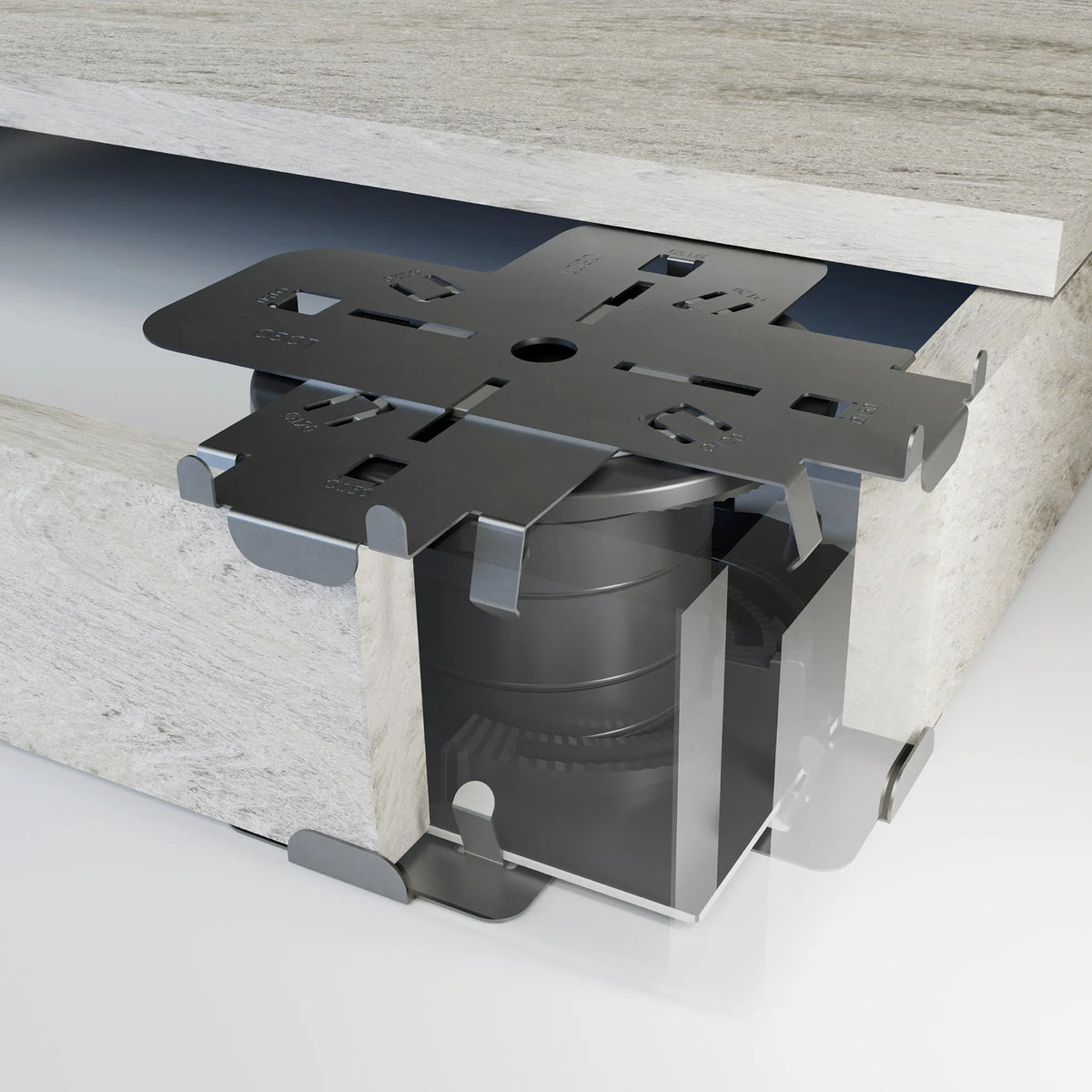 Lifestyle image of the corner connection holding clips made of stainless steel on pedestals