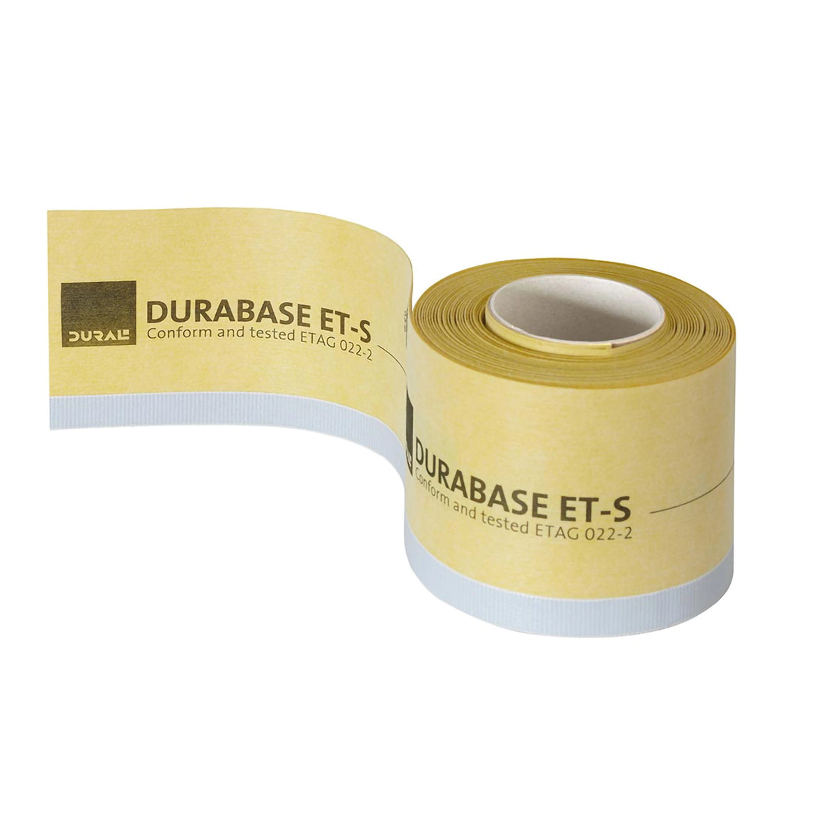 Yellow DURAL ET-S bath sealing tape partially unrolled, with print