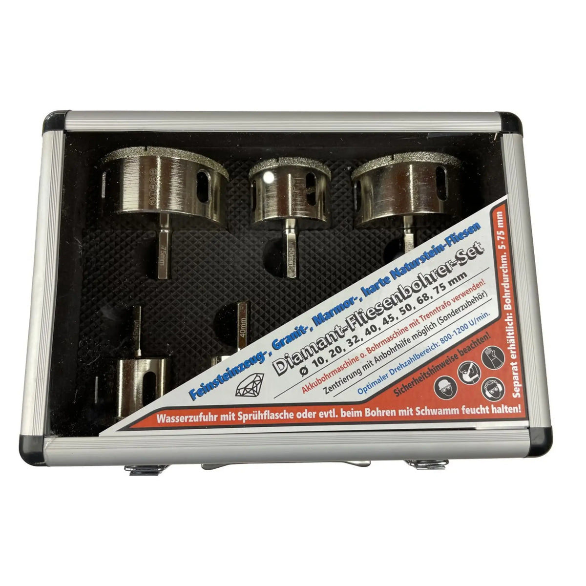 Diamond core drill bit set with various sizes in a case