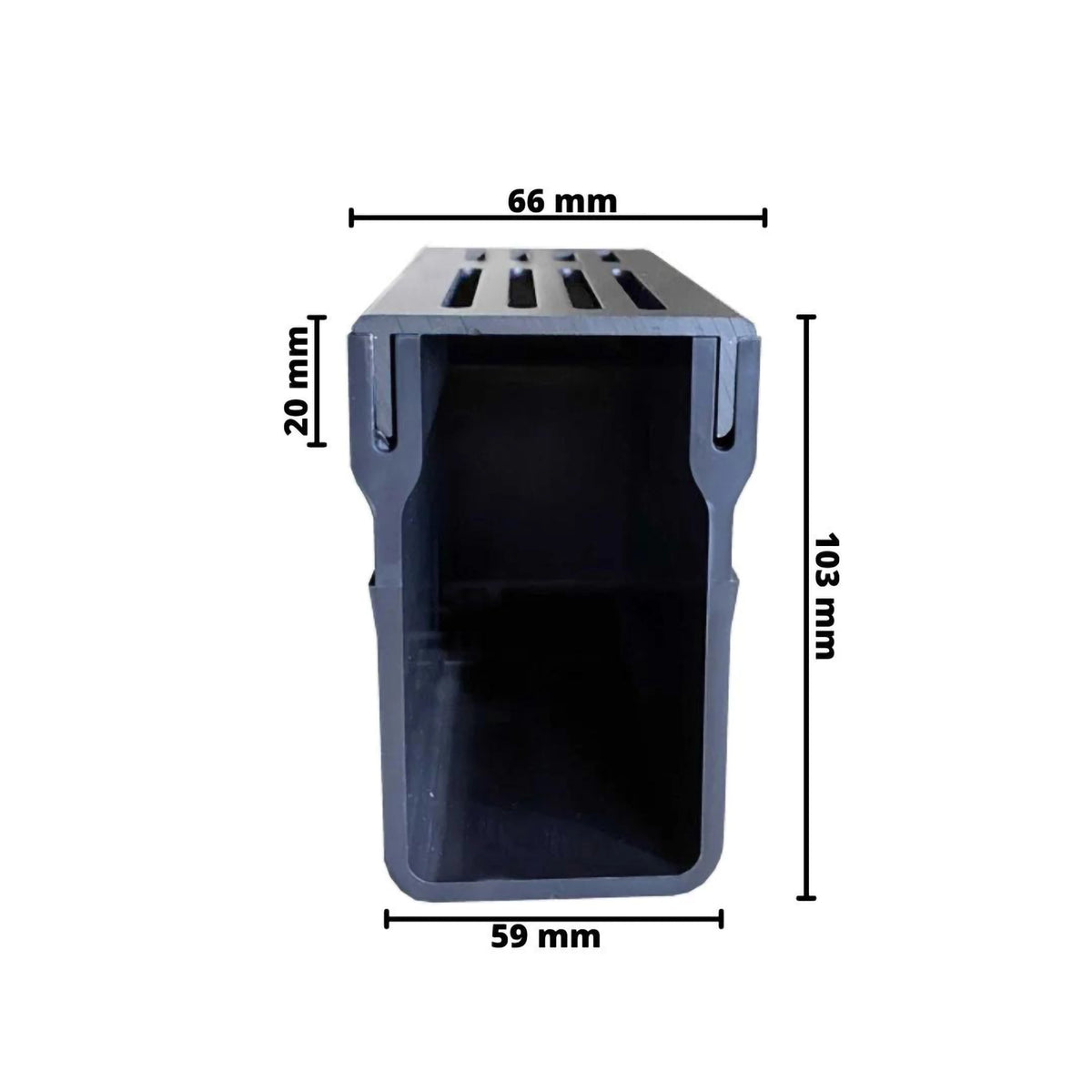 Dimensioned drawing drainage channel UD Pro 65 silver with channel body made of black rigid PVC #A0003395
#A0003399