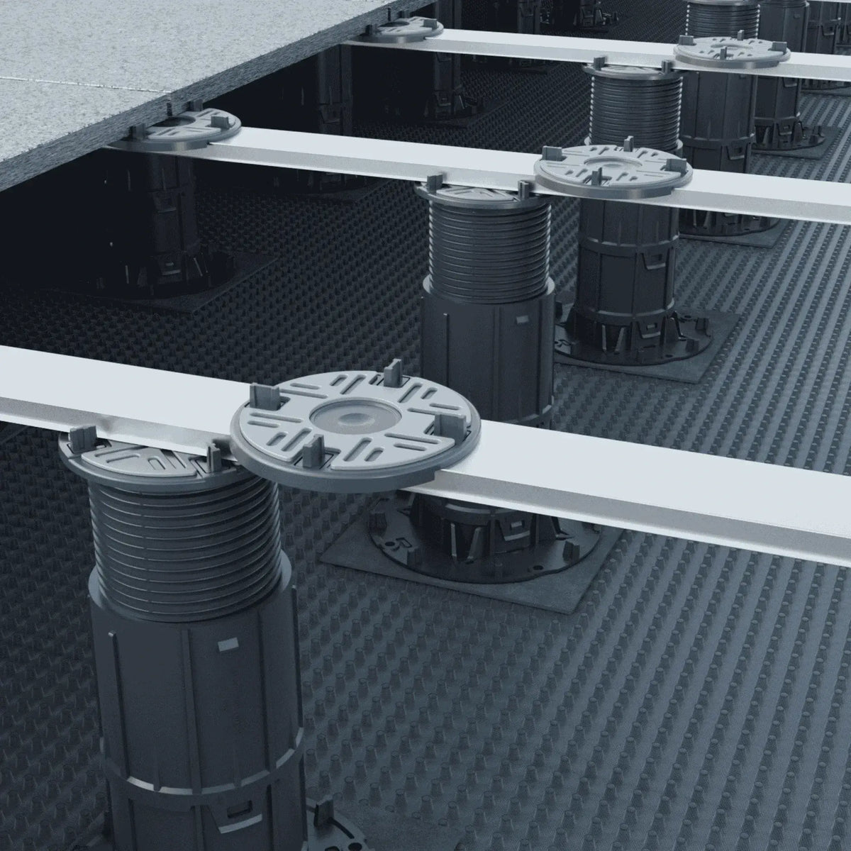 Lifestyle image of the pedestals Flexibal Pro in combination with rail system and pedestal heads
