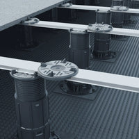 Lifestyle image of the pedestals Flexibal Pro in combination with rail system and pedestal heads