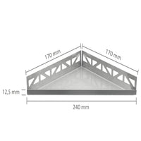 Bemaßte Zeichnung der dreieckigen Edelstahlablage mit 240mm Sichtbreite