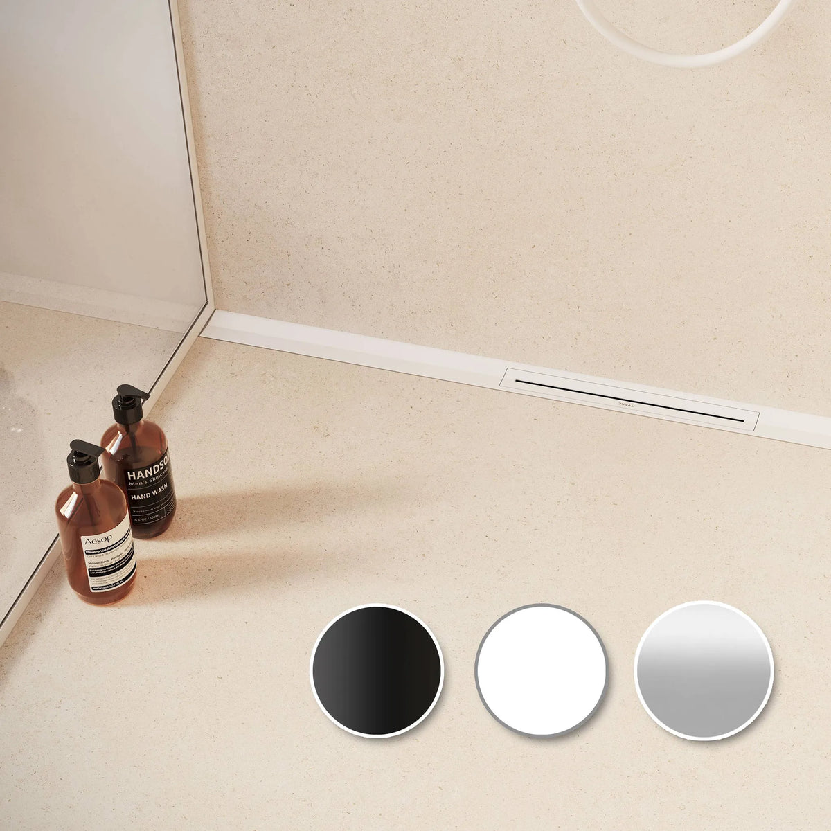 Lifestyle image adjustable shower drain complete set for wall installation