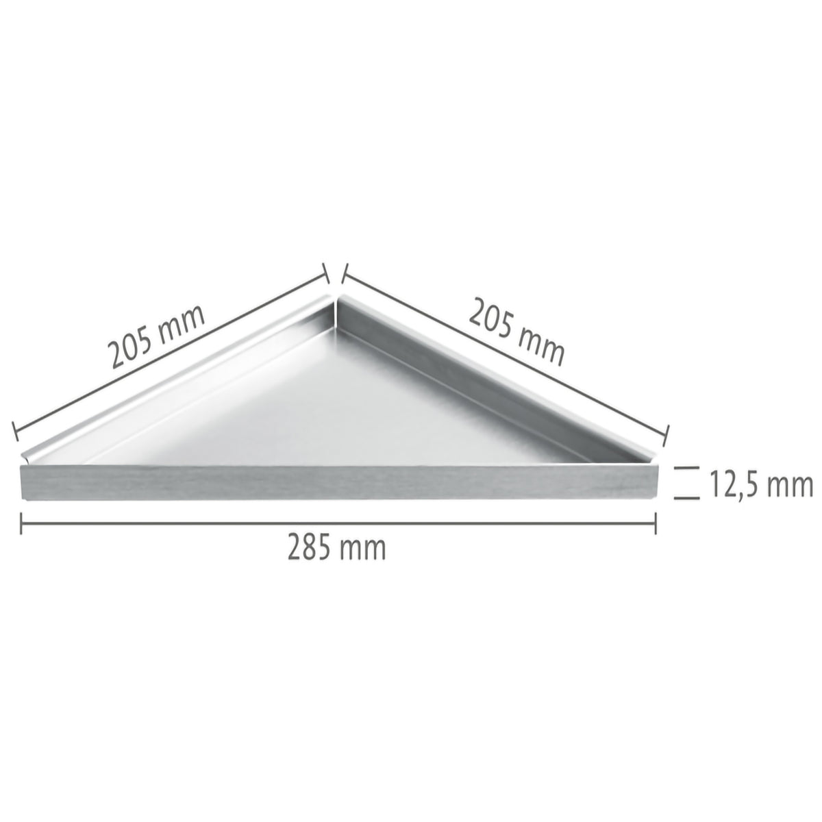 Dimensioned drawing of the retrofittable triangular stainless steel shelf with 285mm visible width #A0001470
