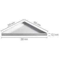 Dimensioned drawing of the retrofittable triangular stainless steel shelf with 285mm visible width #A0001470