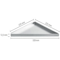 Dimensioned drawing of the retrofittable triangular stainless steel shelf with 328mm visible width #A0001471